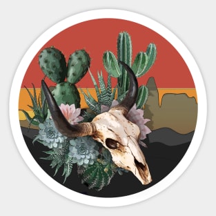 Cow Skull and succulents plant, sunset desert catus and flowers, cowgirl, rodeo Sticker